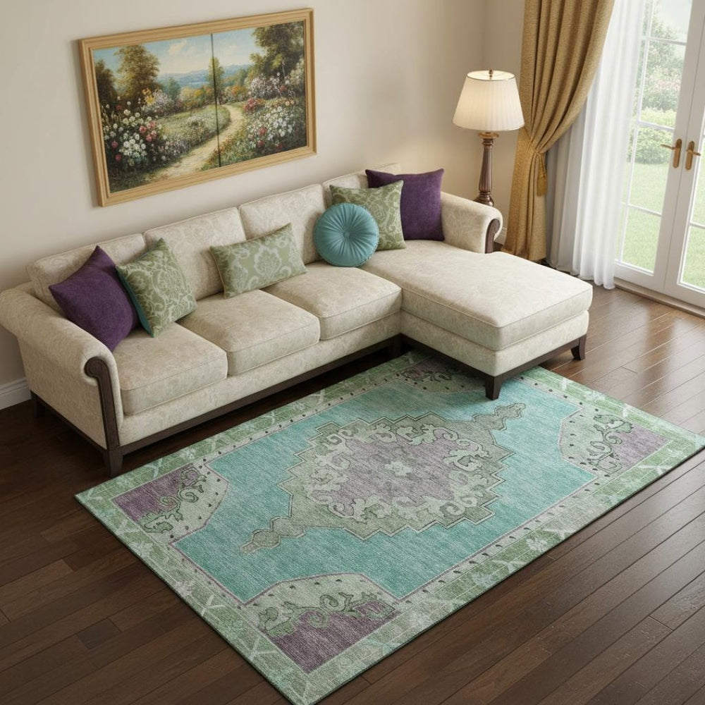 HomeRoots 9' X 12' Teal Green & Lavender Washable Oriental Area Rug with UV Protection for High-Traffic Spaces 699501
