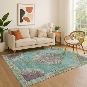 HomeRoots 9' X 12' Teal Green & Lavender Washable Oriental Area Rug with UV Protection for High-Traffic Spaces 699501