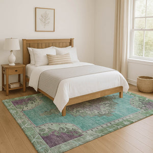 HomeRoots 9' X 12' Teal Green & Lavender Washable Oriental Area Rug with UV Protection for High-Traffic Spaces 699501