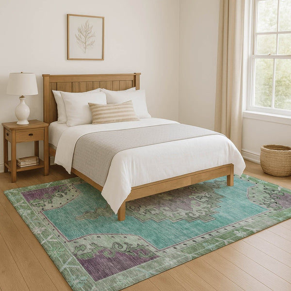 HomeRoots 9' X 12' Teal Green & Lavender Washable Oriental Area Rug with UV Protection for High-Traffic Spaces 699501
