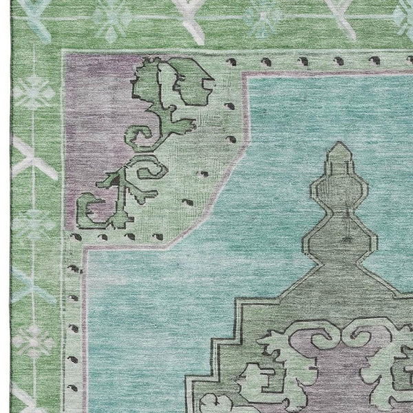 HomeRoots 9' X 12' Teal Green & Lavender Washable Oriental Area Rug with UV Protection for High-Traffic Spaces 699501