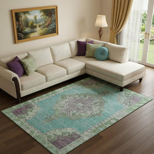 HomeRoots 10' Teal Green & Lavender Washable Oriental Area Rug - UV Protected, Stain Resistant, Non-Slip Backing 699502