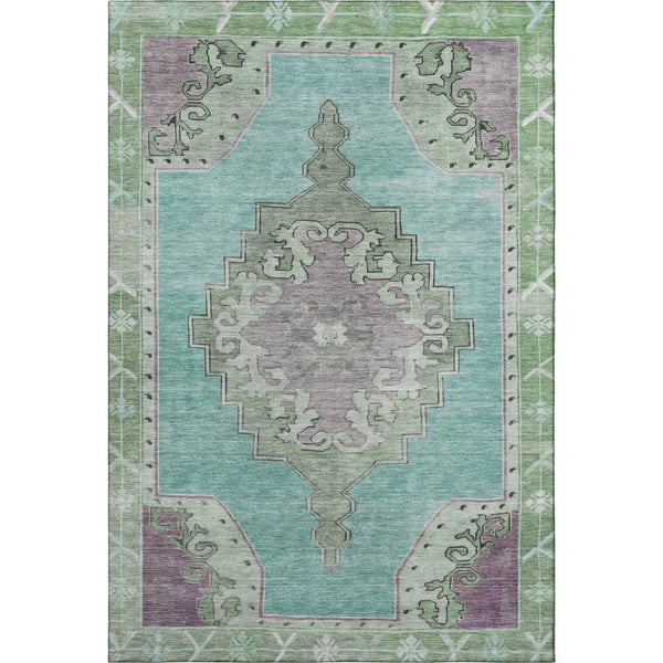 HomeRoots 10' Teal Green & Lavender Washable Oriental Area Rug - UV Protected, Stain Resistant, Non-Slip Backing 699502