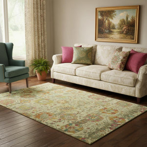 HomeRoots 5' X 8' Gold Wheat & Green Oriental Area Rug – Washable, UV Protected, Stain Resistant, Non-Slip Backing 699504