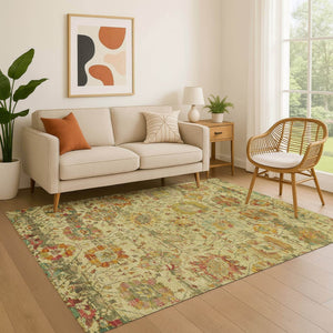 HomeRoots 5' X 8' Gold Wheat & Green Oriental Area Rug – Washable, UV Protected, Stain Resistant, Non-Slip Backing 699504