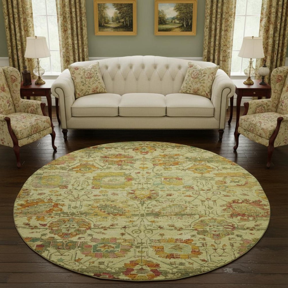 HomeRoots 8' Gold Wheat and Green Oriental Rug - Washable, UV Protected, Stain Resistant for Daily Living 699505