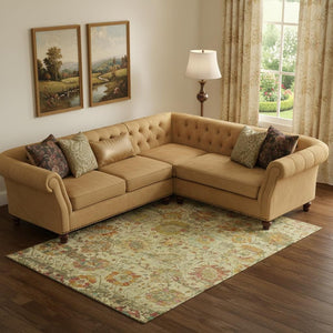HomeRoots 9' X 12' Gold Wheat and Green Oriental Washable Area Rug – Stain Resistant, UV Protected, Durable Design 699507
