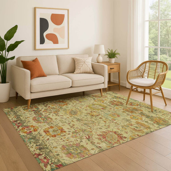 HomeRoots 9' X 12' Gold Wheat and Green Oriental Washable Area Rug – Stain Resistant, UV Protected, Durable Design 699507