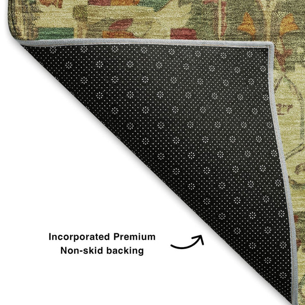 HomeRoots 9' X 12' Gold Wheat and Green Oriental Washable Area Rug – Stain Resistant, UV Protected, Durable Design 699507
