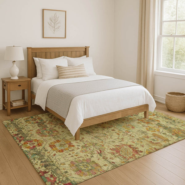 HomeRoots 9' X 12' Gold Wheat and Green Oriental Washable Area Rug – Stain Resistant, UV Protected, Durable Design 699507