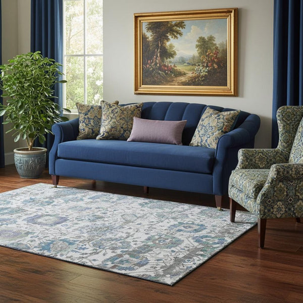 HomeRoots 5' X 8' Washable Ivory Blue & Gray Oriental Area Rug with UV Protection – Durable & Stylish Decor Solution 699510