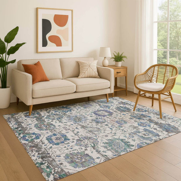 HomeRoots 5' X 8' Washable Ivory Blue & Gray Oriental Area Rug with UV Protection – Durable & Stylish Decor Solution 699510