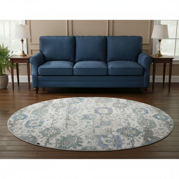 HomeRoots 8' Washable Ivory, Blue & Gray Oriental Round Rug with UV Protection for Family Living Spaces 699511