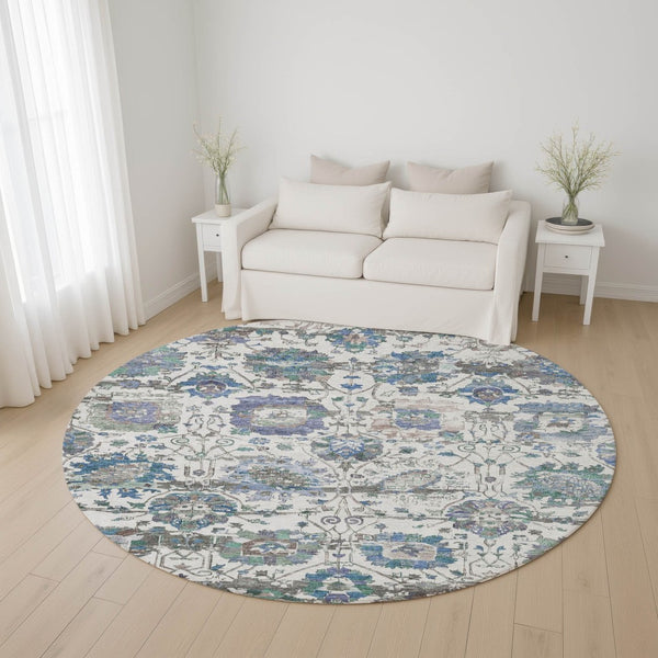 HomeRoots 8' Washable Ivory, Blue & Gray Oriental Round Rug with UV Protection for Family Living Spaces 699511