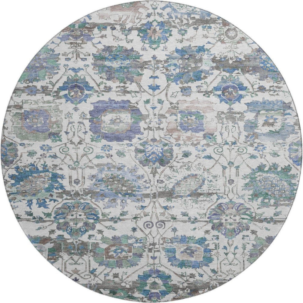 HomeRoots 8' Washable Ivory, Blue & Gray Oriental Round Rug with UV Protection for Family Living Spaces 699511