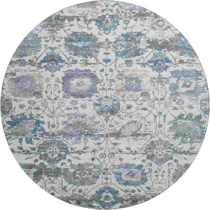 HomeRoots 8' Washable Ivory, Blue & Gray Oriental Round Rug with UV Protection for Family Living Spaces 699511