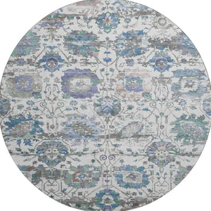 HomeRoots 8' Washable Ivory, Blue & Gray Oriental Round Rug with UV Protection for Family Living Spaces 699511