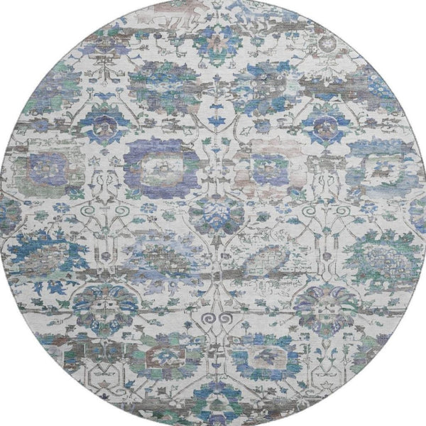HomeRoots 8' Washable Ivory, Blue & Gray Oriental Round Rug with UV Protection for Family Living Spaces 699511
