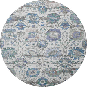 HomeRoots 8' Washable Ivory, Blue & Gray Oriental Round Rug with UV Protection for Family Living Spaces 699511