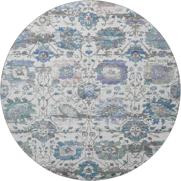 HomeRoots 8' Washable Ivory, Blue & Gray Oriental Round Rug with UV Protection for Family Living Spaces 699511
