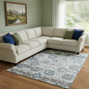 HomeRoots 8' X 10' Ivory Blue and Gray Oriental Area Rug - Durable, Stain Resistant, UV Protected for Homes 699512