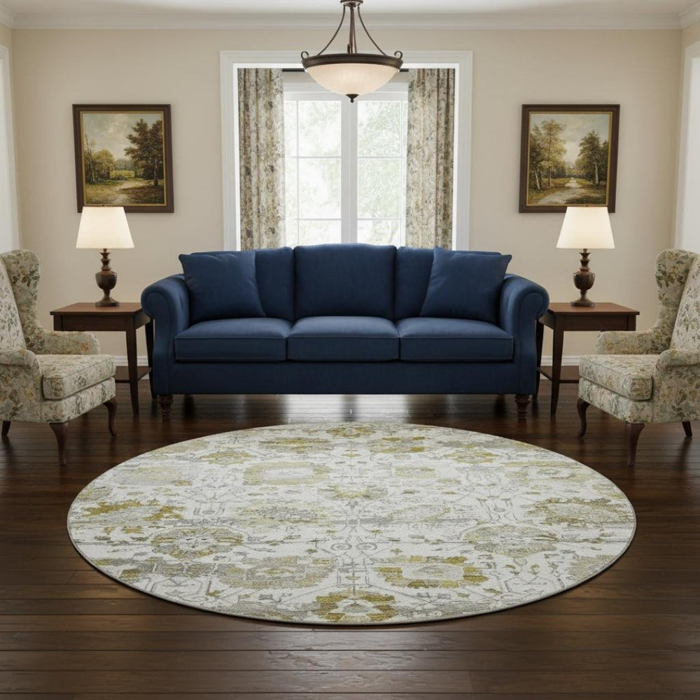 HomeRoots 8' Linen Gold and Ivory Oriental Round Rug - Washable, UV Protected, Stain Resistant for Busy Homes 699517