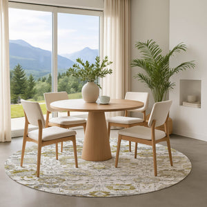 HomeRoots 8' Linen Gold and Ivory Oriental Round Rug - Washable, UV Protected, Stain Resistant for Busy Homes 699517