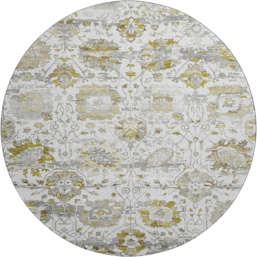 HomeRoots 8' Linen Gold and Ivory Oriental Round Rug - Washable, UV Protected, Stain Resistant for Busy Homes 699517