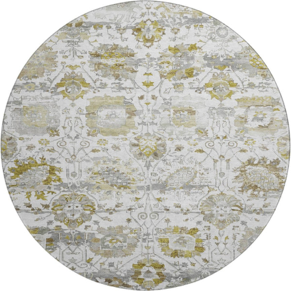 HomeRoots 8' Linen Gold and Ivory Oriental Round Rug - Washable, UV Protected, Stain Resistant for Busy Homes 699517