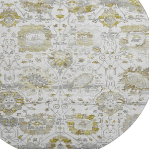 HomeRoots 8' Linen Gold and Ivory Oriental Round Rug - Washable, UV Protected, Stain Resistant for Busy Homes 699517