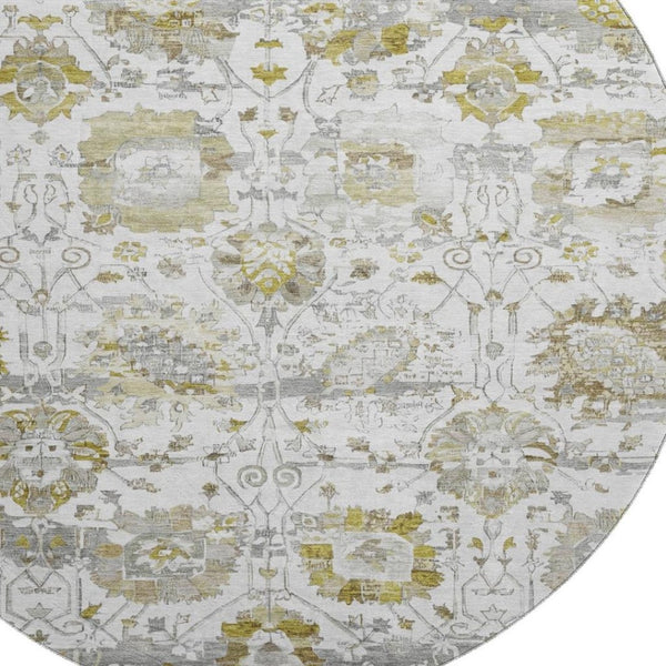 HomeRoots 8' Linen Gold and Ivory Oriental Round Rug - Washable, UV Protected, Stain Resistant for Busy Homes 699517