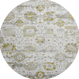 HomeRoots 8' Linen Gold and Ivory Oriental Round Rug - Washable, UV Protected, Stain Resistant for Busy Homes 699517