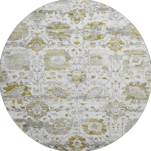 HomeRoots 8' Linen Gold and Ivory Oriental Round Rug - Washable, UV Protected, Stain Resistant for Busy Homes 699517