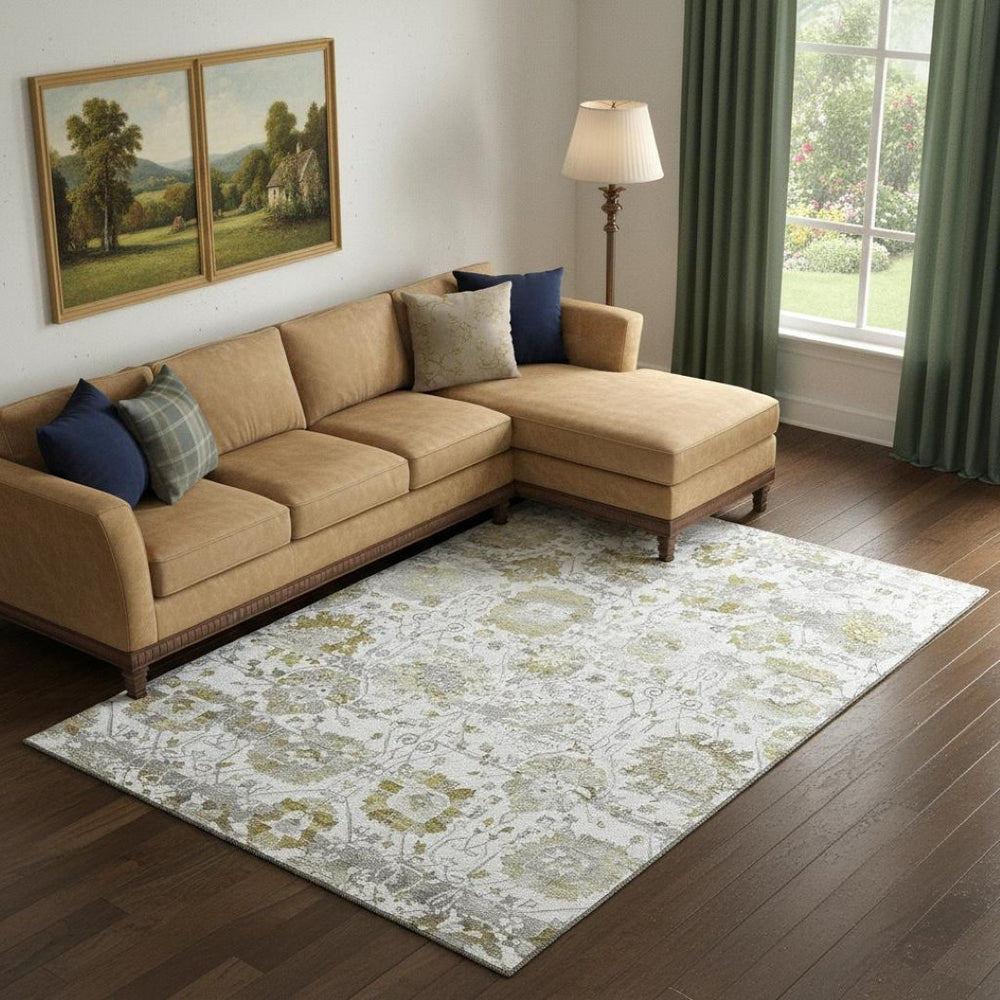 HomeRoots 9' X 12' Elegant Linen Gold and Ivory Oriental Area Rug - Washable, UV Protected, Stain Resistant 699519