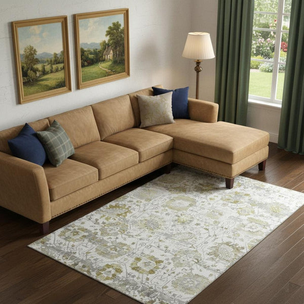 HomeRoots 10' X 14' Linen Gold & Ivory Oriental Area Rug - Stylish, Washable, UV-Protected & Family-Friendly! 699520