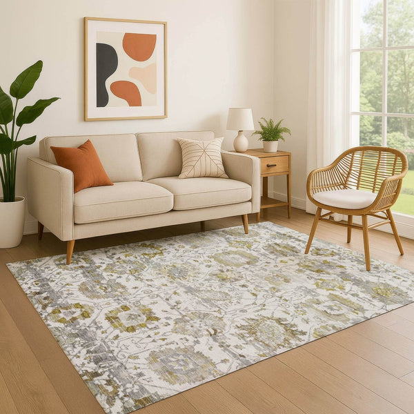 HomeRoots 10' X 14' Linen Gold & Ivory Oriental Area Rug - Stylish, Washable, UV-Protected & Family-Friendly! 699520