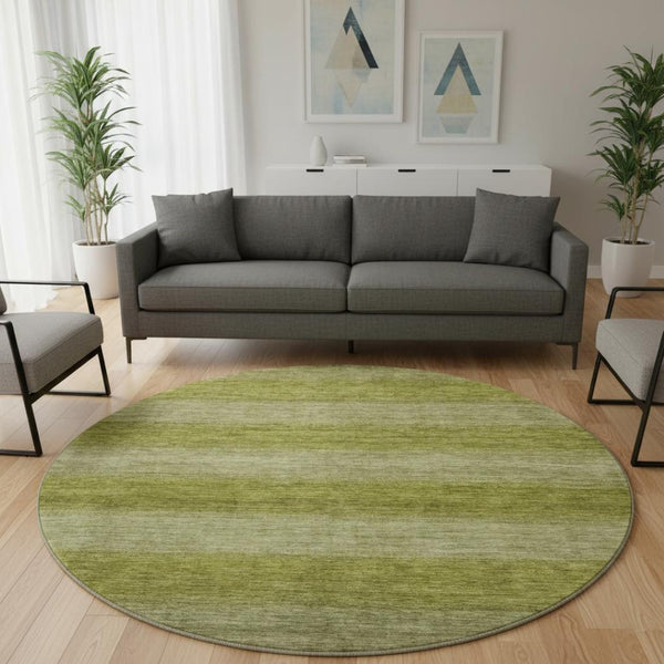 HomeRoots 8' Stylish Artichoke & Fern Green Striped Washable Round Rug - Durable, UV-Protected & Stain-Resistant 699523
