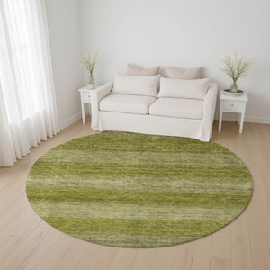 HomeRoots 8' Stylish Artichoke & Fern Green Striped Washable Round Rug - Durable, UV-Protected & Stain-Resistant 699523