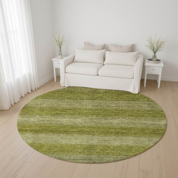 HomeRoots 8' Stylish Artichoke & Fern Green Striped Washable Round Rug - Durable, UV-Protected & Stain-Resistant 699523