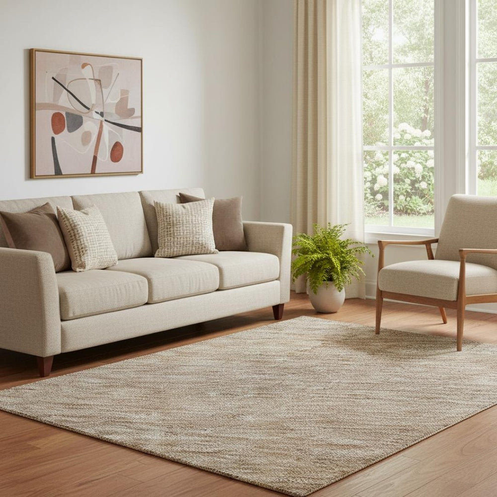 HomeRoots 5' X 8' Beige and Brown Striped Area Rug – Washable, UV Protected, Durable for Homes & Patios 699534