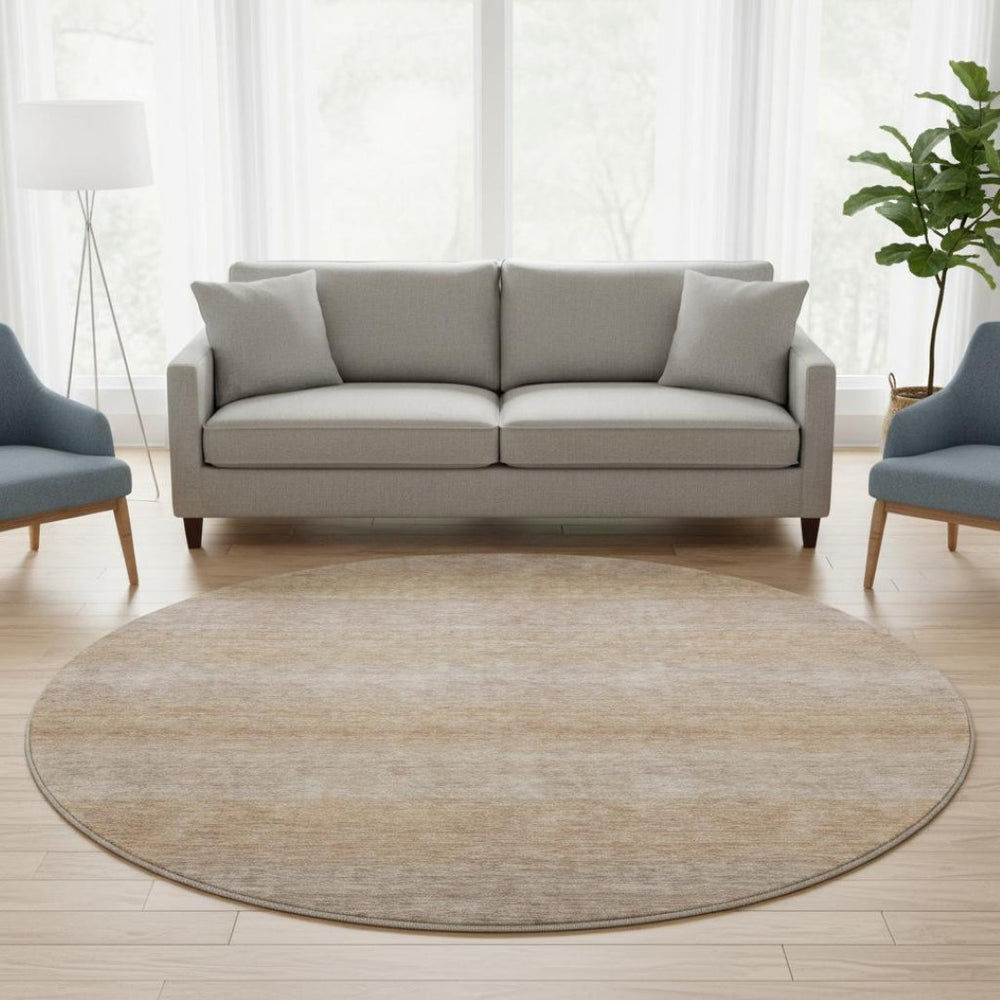 HomeRoots 8' Beige and Brown Striped Round Rug – Washable, Stain-Resistant, UV-Protected for Stylish Spaces! 699535