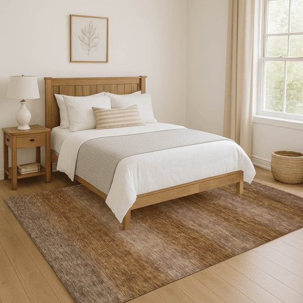 HomeRoots 5' Brown and Khaki Striped Washable Area Rug with UV Protection, Durable Design for Active Homes 699540