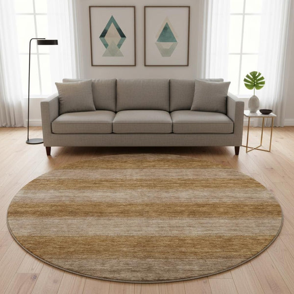 HomeRoots 8' Brown and Khaki Striped Washable Round Rug - UV Protected, Durable, Non-Slip, Easy Care Design 699541