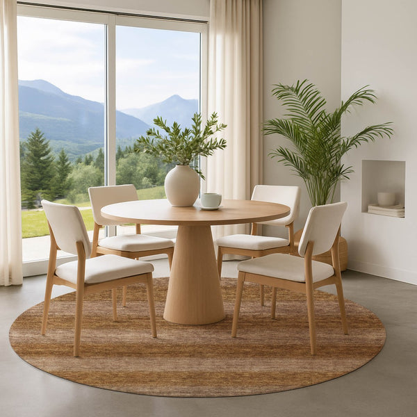 HomeRoots 8' Brown and Khaki Striped Washable Round Rug - UV Protected, Durable, Non-Slip, Easy Care Design 699541