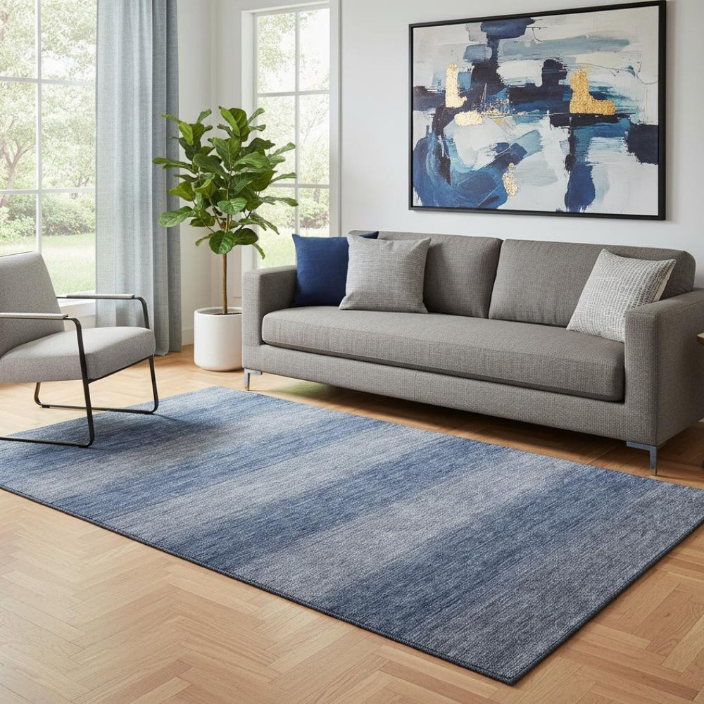 HomeRoots 5' Blue & Sky Blue Striped Washable Area Rug – UV Protected, Stain Resistant, Ideal for Modern Spaces 699546
