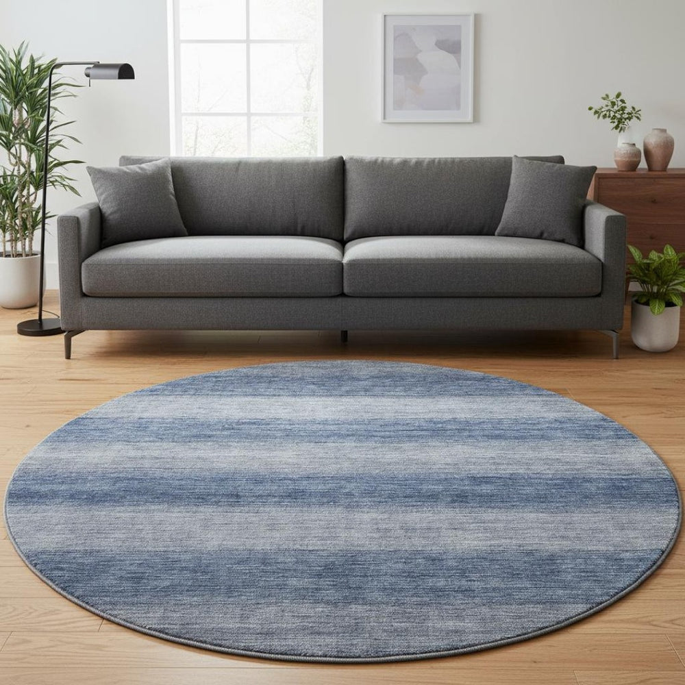 HomeRoots 8' Blue And Sky Blue Striped Round Washable Rug with UV Protection, Stain Resistance & Non-Slip Backing 699547