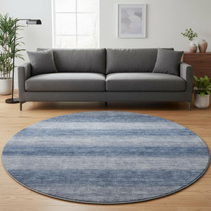 HomeRoots 8' Blue And Sky Blue Striped Round Washable Rug with UV Protection, Stain Resistance & Non-Slip Backing 699547