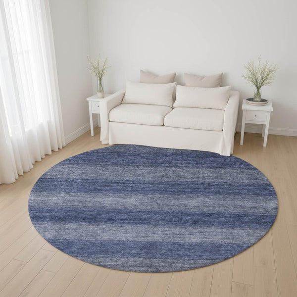 HomeRoots 8' Blue And Sky Blue Striped Round Washable Rug with UV Protection, Stain Resistance & Non-Slip Backing 699547