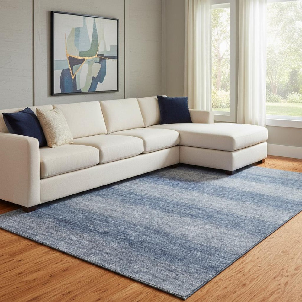 HomeRoots 8' X 10' Blue Striped Area Rug - Washable, UV Protected, Stain Resistant for Coastal Homes & Pets 699548