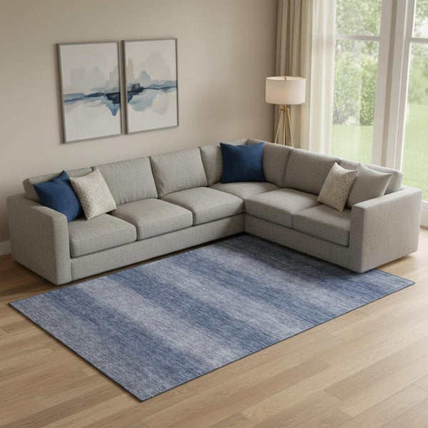 HomeRoots 9' X 12' Blue Striped Area Rug - Washable, UV Protected, Soft, Durable for High-Traffic Spaces 699549